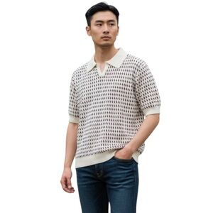 Oxknit sweater mens jacquard cream pink burgundy size small 60s small